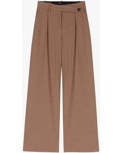 Maje Pikinette Box-pleated Wide-leg Wool-blend Trousers - Natural