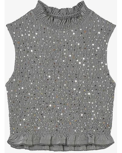 Sandro Sequin-embellished Slim-fit Stretch-woven Top - Grey
