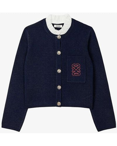 Sandro Logo-embroidered Frilled-collar Knitted Cardigan - Blue