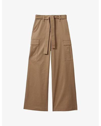 Reiss Malia Self-tie Wide-leg High-rise Stretch-cotton Cargo Pants - Natural