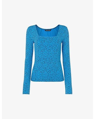 Whistles Floral-print Square-neck Stretch-woven Top - Blue