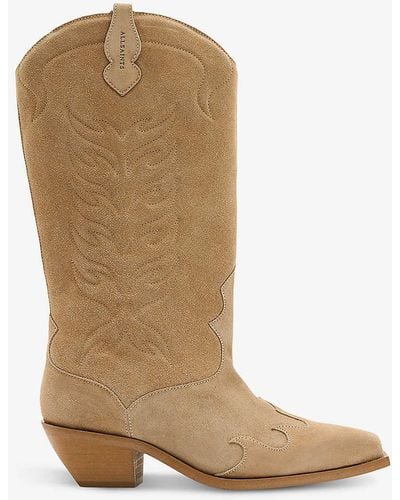 AllSaints Dolly Western Embroidered Suede Knee-high Heeled Boots - Brown
