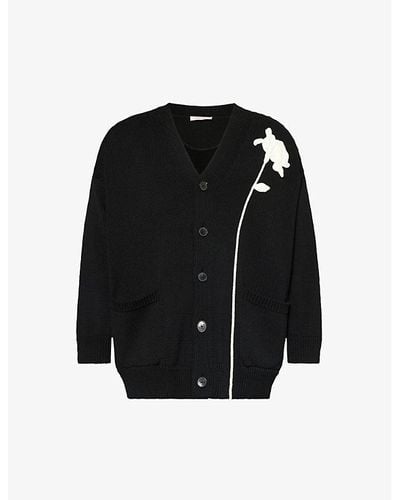 Valentino Floral-motif V-neck Cotton Cardigan - Black