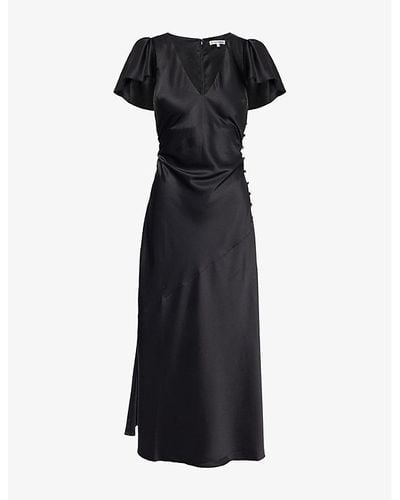 Reformation Vida Ruffle-sleeve Satin Midi Dress - Black