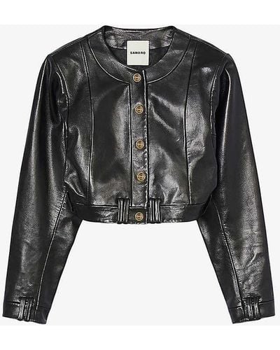 Sandro Cropped-fit Round-neck Leather Jacket - Black