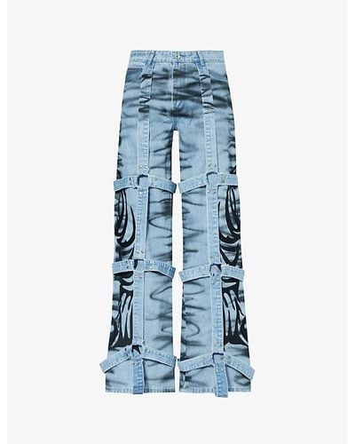 Who Decides War Bondage-overlay Embroidered Wide-leg Jeans - Blue