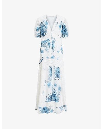 AllSaints Dinah Floral-print Recycled-polyester Maxi Dress - Blue