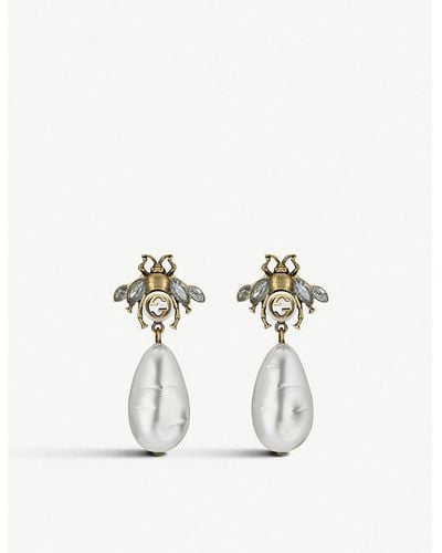 Gucci Bee Crystal Embellished And Drop Pearl Earrings - Metallic