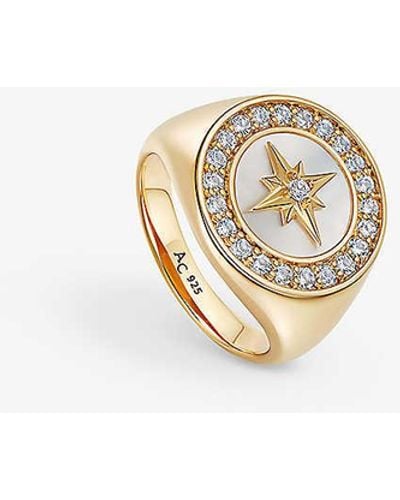 Astley Clarke Polaris Compass 18ct Yellow Gold-plated Vermeil Sterling-silver, Mother Of Pearl And White Sapphire Signet Ring - Metallic