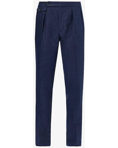 Polo Ralph Lauren Pleated Straight-leg Slim-fit Linen Trousers - Blue