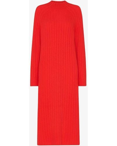 Whistles Long-sleeved Ribbed Knitted Midi Dress - Red