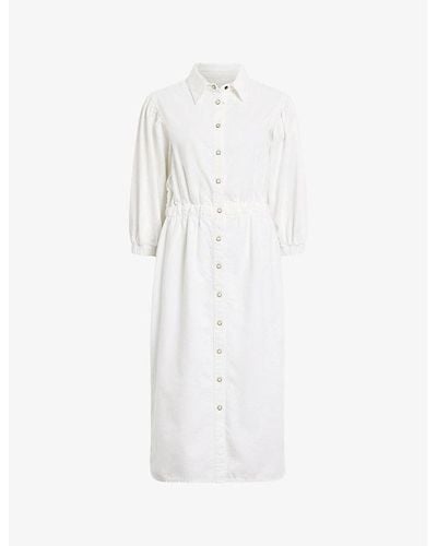 AllSaints Osa Puff-sleeve Elasticated-waist Denim Midi Dress - White
