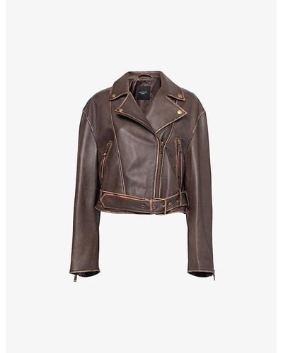 Weekend by Maxmara Notch-lapel Cropped Leather Jacket - Brown