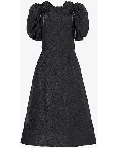 Simone Rocha Puff-sleeve Lace Woven Midi Dress - Black