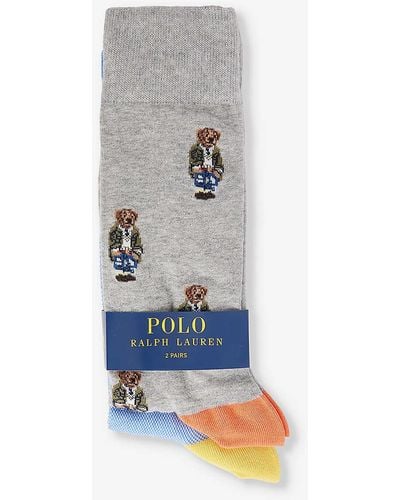 Polo Ralph Lauren Bear-embroidered Pack Of Two Stretch-cotton Blend Socks - Grey