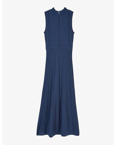 The Kooples Middle Vy Scalloped-neck Sleeveless Knitted Maxi Dress X - Blue