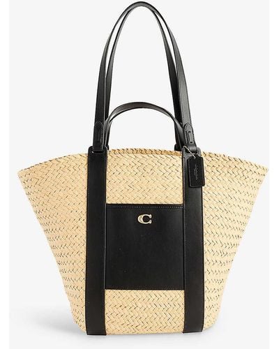 COACH Logo-embellished Straw And Leather Tote Bag - Black