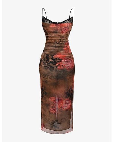 House Of Cb Nalini Floral And Leopard-print Stretch-mesh Midi Dress - Red