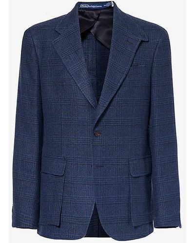 Polo Ralph Lauren Glenplaid Regular-fit Notched-lapel Linen And Wool-blend Jacket - Blue