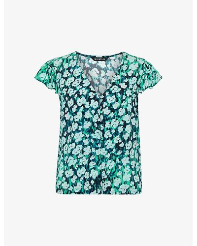 Whistles Floral-print Ruffle-sleeve Woven Top - Green