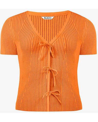 Ro&zo Tie-front Short-sleeved Rib-knit Top - Orange