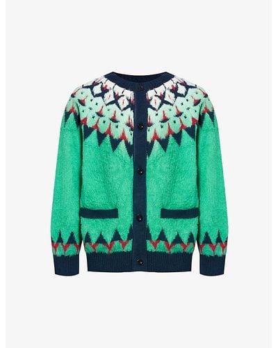 Sacai Jacquard-knit Relaxed-fit Cotton-blend Cardigan - Green