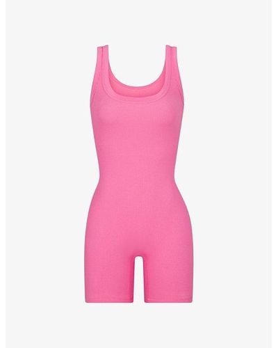 Skims Ribbed Scoop-neck Stretch-cotton Playsuit - Pink