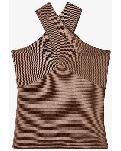 Reiss Darla Cross-neck Stretch-knit Top - Brown