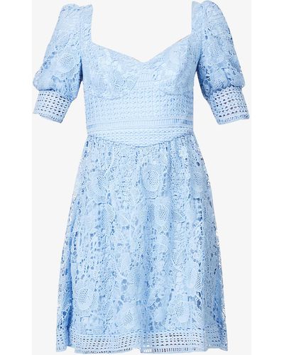 Chi Chi London Floral-pattern Puff-sleeve Stretch-woven Mini Dress - Blue