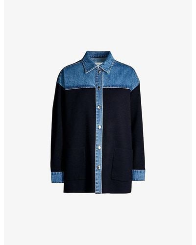 Sandro Deep Vy Oversized Knitted And Stretch-denim Jacket - Blue