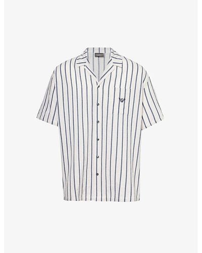Emporio Armani Perla/blu Vy Stripe-print Relaxed-fit Cotton And Linen-blend Shirt - White