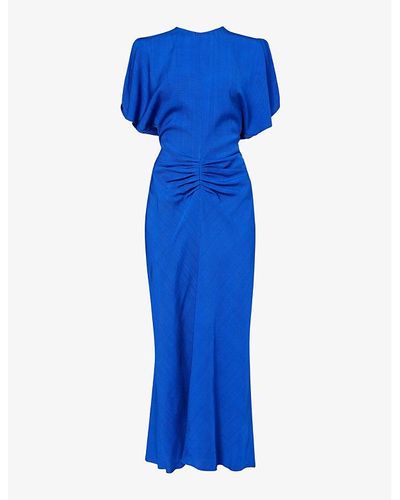 Victoria Beckham Round-neck Ruched Woven Midi Dress - Blue