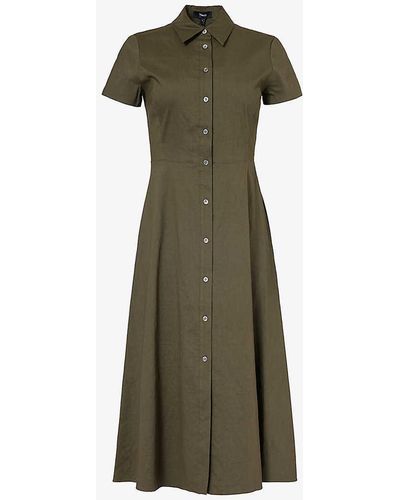 Theory A-line Collared Stretch Linen-blend Midi Dress - Green