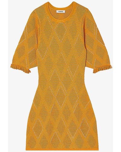 Sandro Round-neck Diamond-pattern Knitted Mini Dress - Yellow