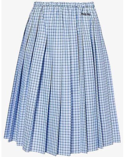 Miu Miu Pleated Check-print Cotton-poplin Midi Skirt - Blue