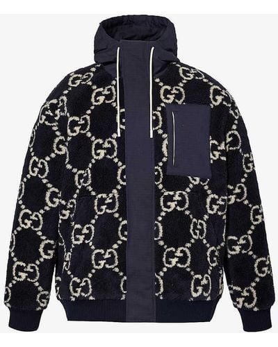 Gucci Monogram-patterned Funnel-neck Wool-blend Jacket - Blue