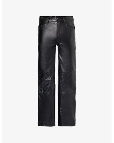 Marine Serre Brand-plaque Brand-embossed Mid-rise Wide-leg Leather Trousers - Black