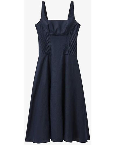 Reiss Etta Corset-stitching Linen Midi Dress - Blue