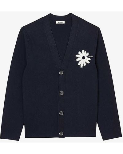 Sandro Flower-embroidered Long-sleeve Stretch-knit Cardigan - Blue
