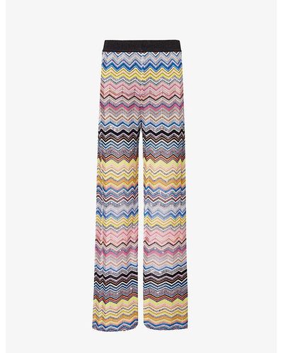 Missoni Blue Yellow Tones Chevron-stripe Wide-leg Mid-rise Knitted Pants - Multicolor