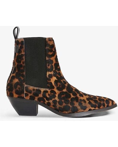 AllSaints Fox Leopard-print Heeled Leather Ankle Boots - Brown