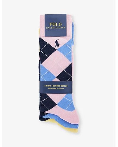 Polo Ralph Lauren Logo-embroidered Argyle Pack Of Three Stretch-cotton Blend Socks - Blue