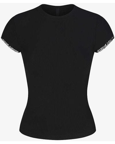 Skims Soft Lounge Short-sleeved Lace-trim Stretch-woven T-shirt X - Black