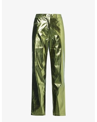 Amy Lynn Metallic Straight-leg High-rise Faux-leather Pants - Green
