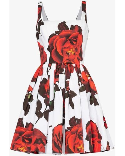 Alexander McQueen Floral-pattern Gathered Cotton-poplin Mini Dress