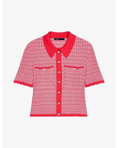 Maje Herringbone-weave Cropped Knitted Polo Shirt - Pink