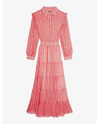 The Kooples Graphic-print Shirred-waist Woven Maxi Dress X - Pink