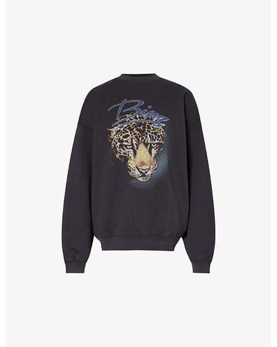 Anine Bing Leopard Graphic-print Organic-cotton Jersey Sweatshirt - Blue