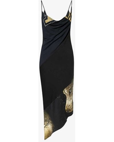 Conner Ives Graphic-print Cowl-neck Cotton-blend Jersey Midi Dress - Black
