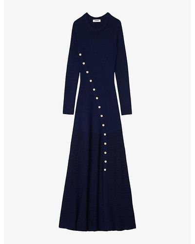 Sandro Button-embellished Knitted Maxi Dress - Blue